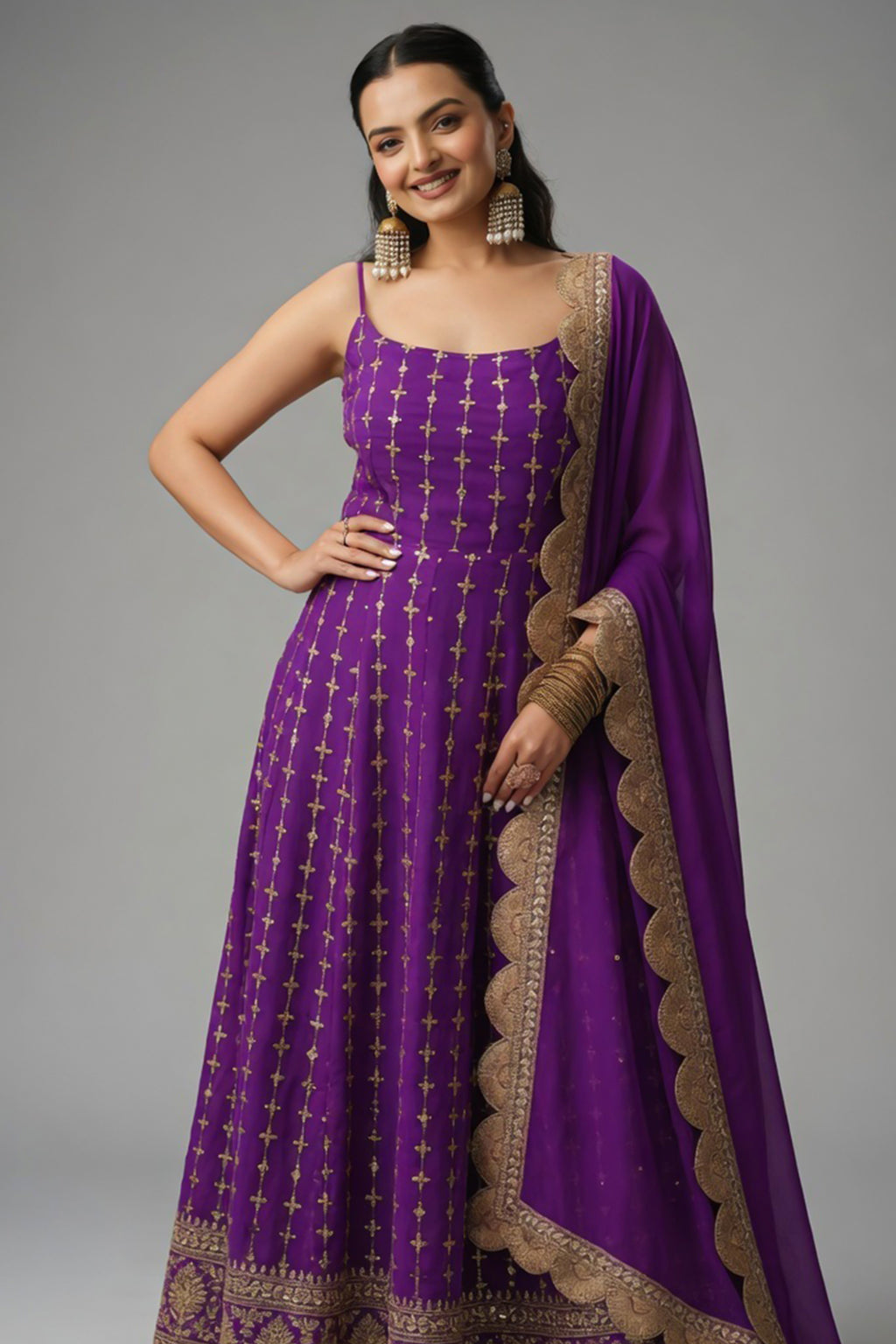 Purple Georgette Sequin Zari Embroidered Anarkali Kurti with Dupatta - red georgette saree embroidered