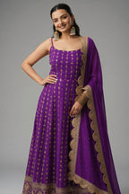 Purple Georgette Sequin Zari Embroidered Anarkali Kurti with Dupatta - red georgette saree embroidered