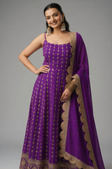 Purple Georgette Sequin Zari Embroidered Anarkali Kurti with Dupatta - red georgette saree embroidered