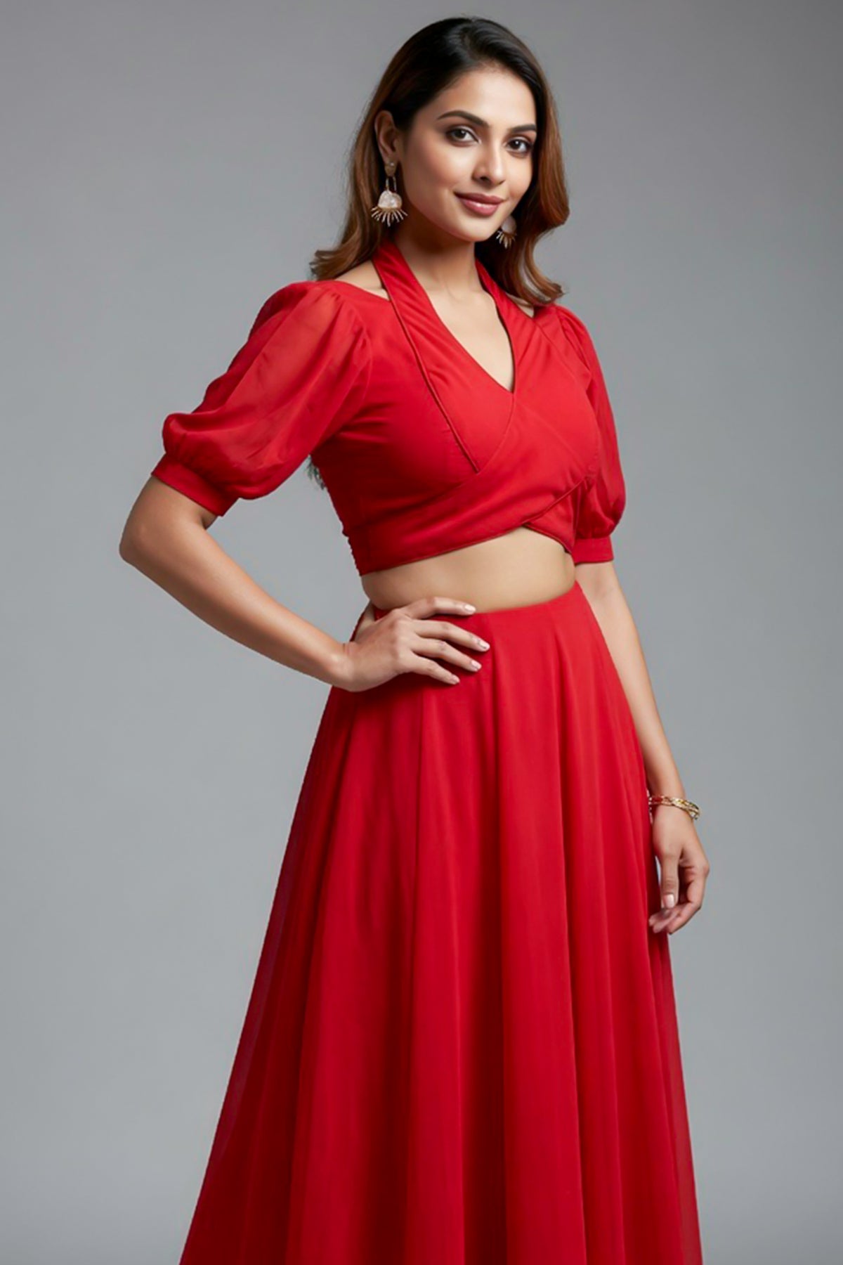 Red Fancy Healter Neck Crop Top and Skirt in Georgette - red georgette saree