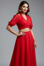 Red Fancy Healter Neck Crop Top and Skirt in Georgette - red georgette saree