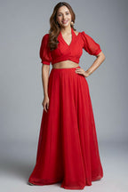 Red Fancy Healter Neck Crop Top and Skirt in Georgette - red georgette saree