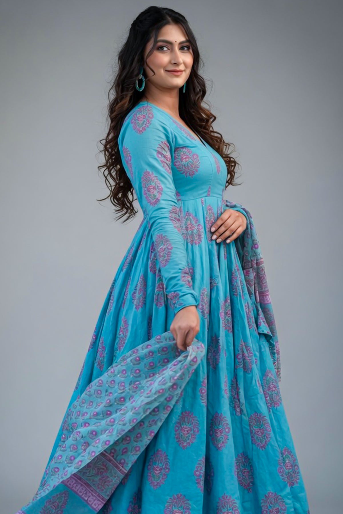 Sky Blue Muslin Anarkali Kurti Pant Set - blue muslin saree