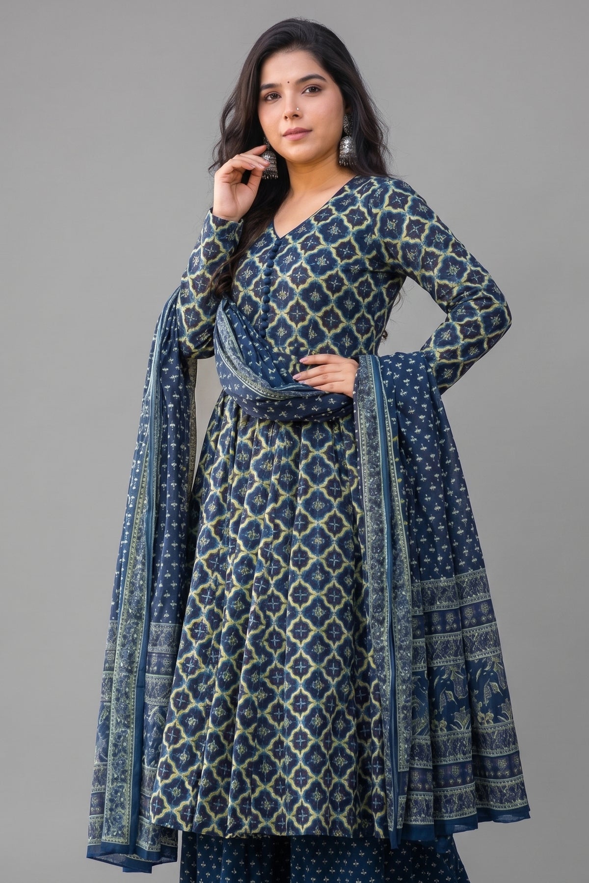 Rama Blue Cotton Silk Printed Kurti Palazzo Set - blue silk saree