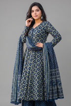 Rama Blue Cotton Silk Printed Kurti Palazzo Set - blue silk saree