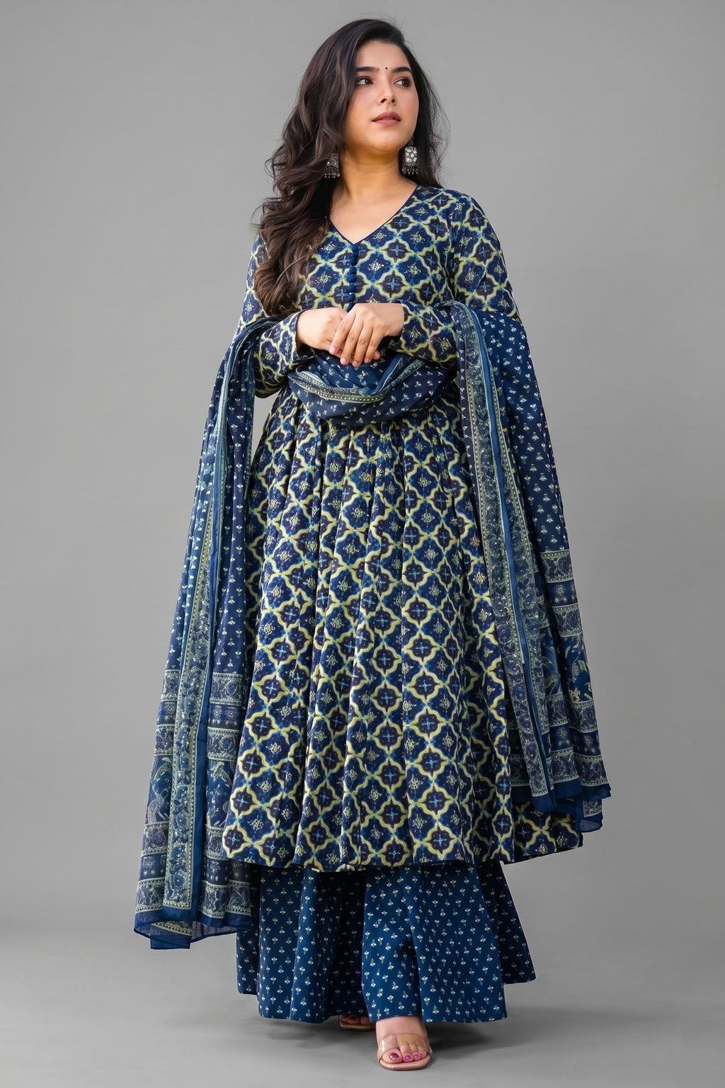 Rama Blue Cotton Silk Printed Kurti Palazzo Set - blue silk saree