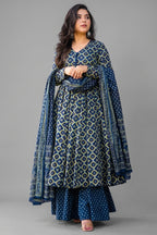 Rama Blue Cotton Silk Printed Kurti Palazzo Set - blue silk saree