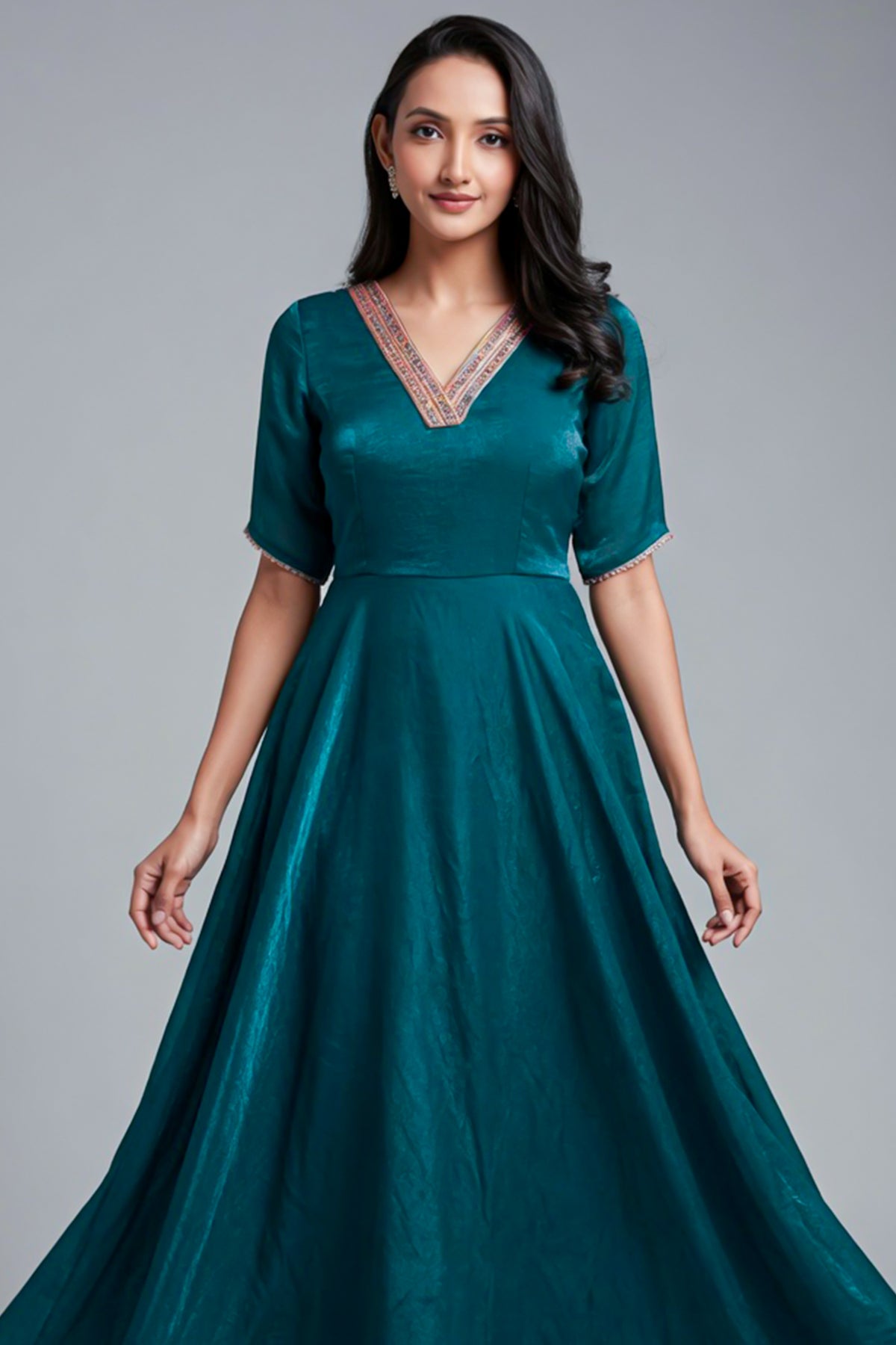 Peacock Blue Organza V Neckline Anarkali Kurti - blue organza saree