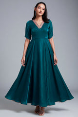 Peacock Blue Organza V Neckline Anarkali Kurti - blue organza saree