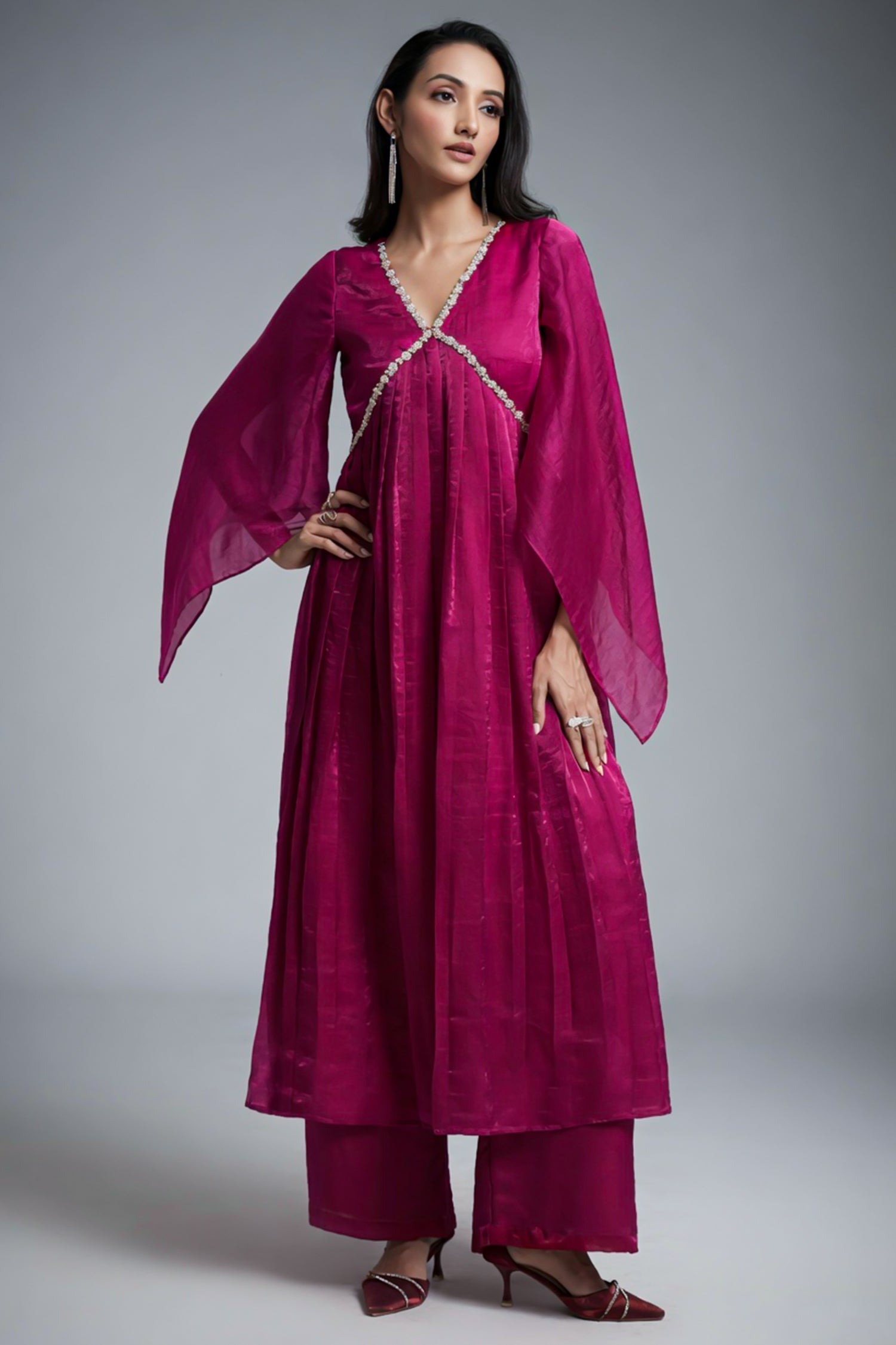 Rani Pink Organza Beaded V Neckline Kurti with Palazzo - pink organza saree
