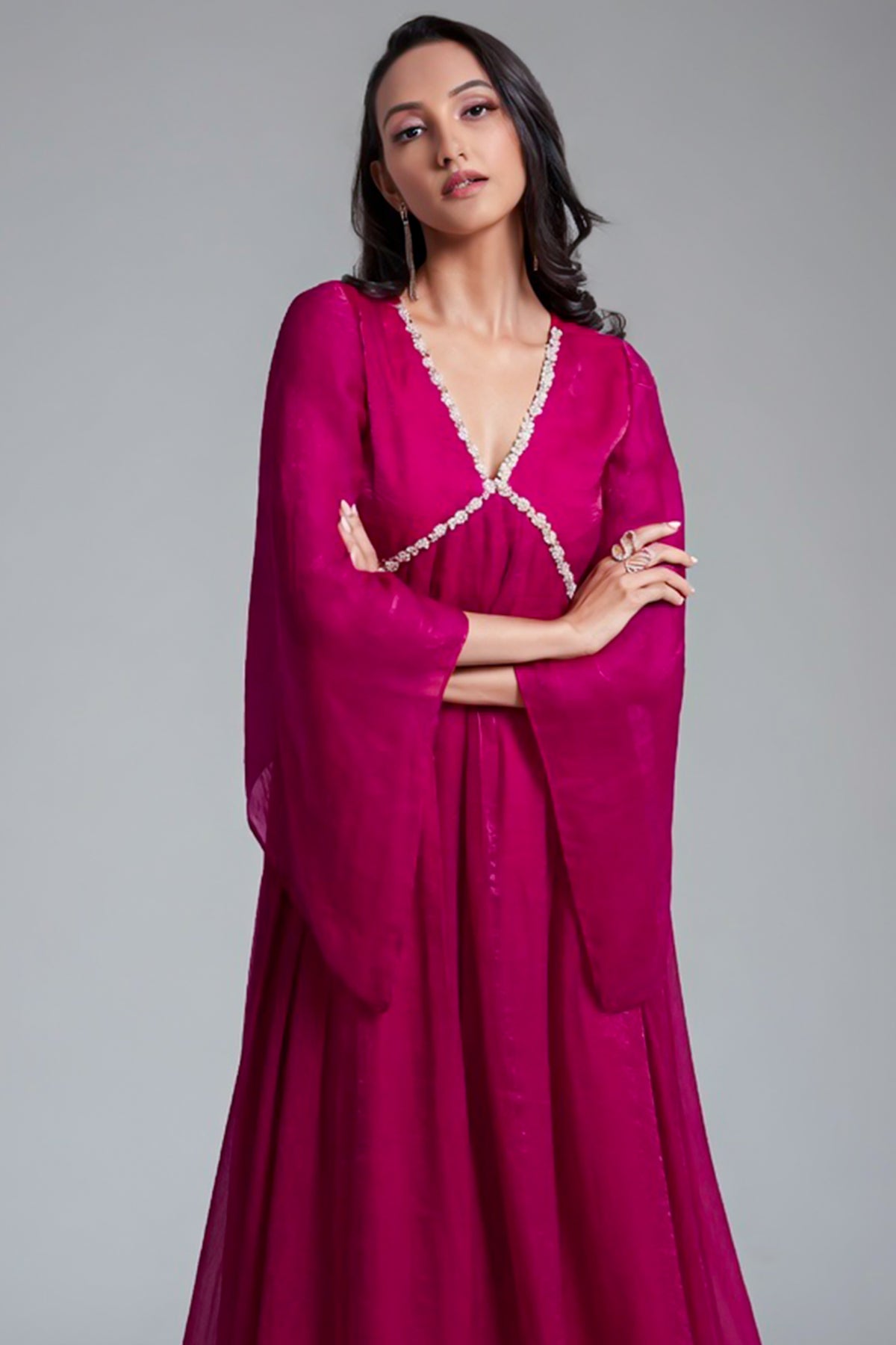 Rani Pink Organza Beaded V Neckline Kurti with Palazzo - pink organza saree