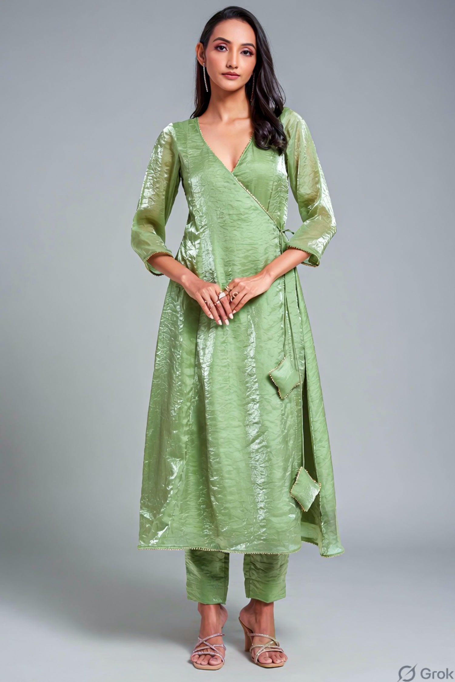 Green Organza V Neckline Angrakha Kurti with Pant - green organza saree