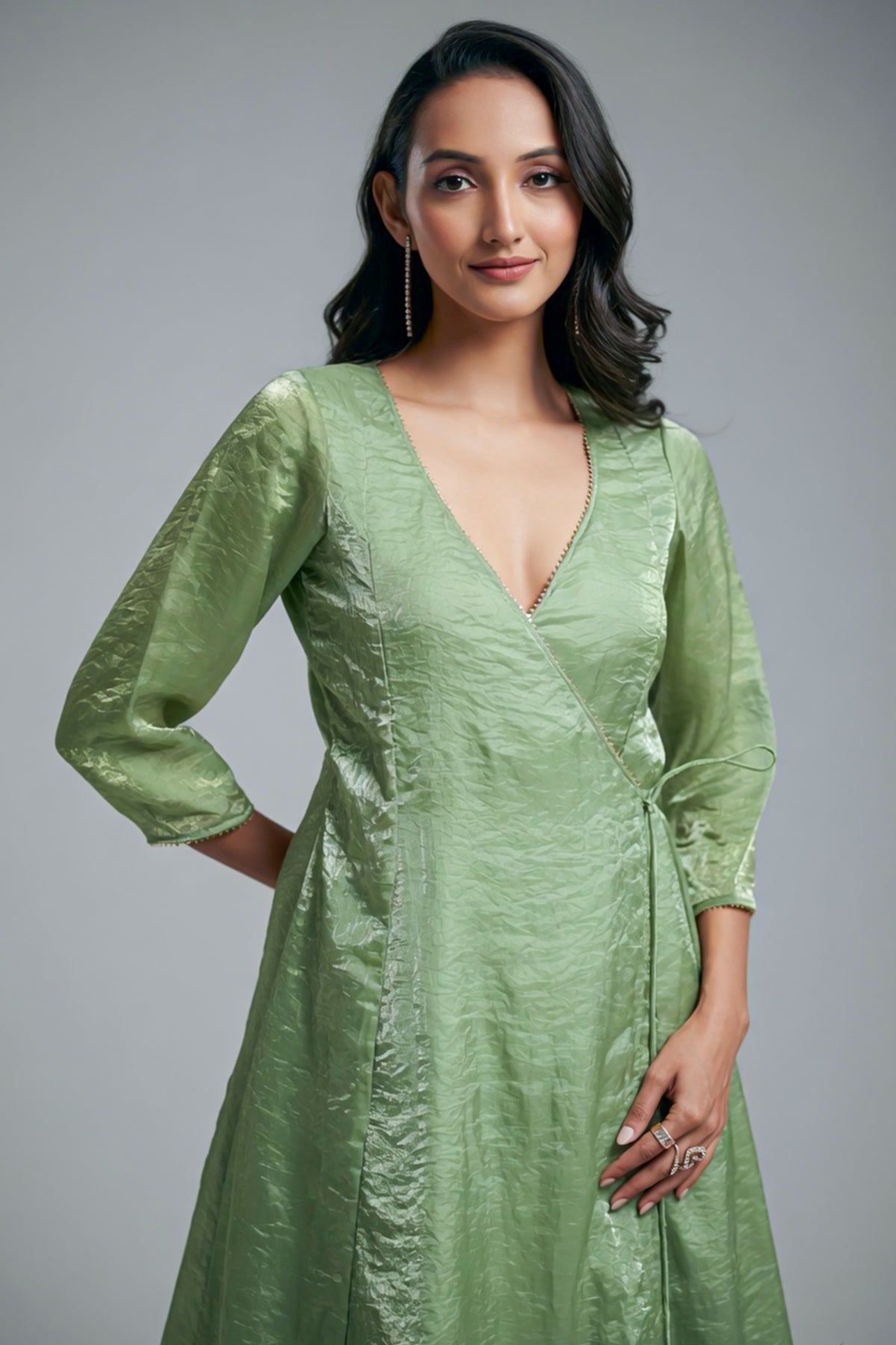 Green Organza V Neckline Angrakha Kurti with Pant - green organza saree