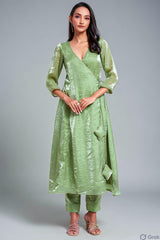 Green Organza V Neckline Angrakha Kurti with Pant - green organza saree