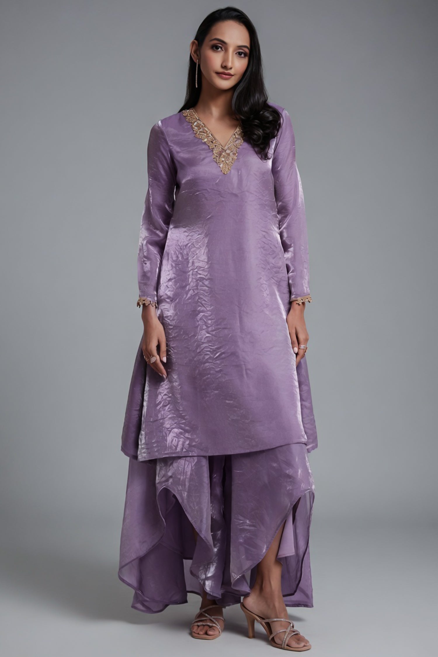 Lilac Purple Organza Handwork Neckline Kurti with Palazzo - purple organza saree