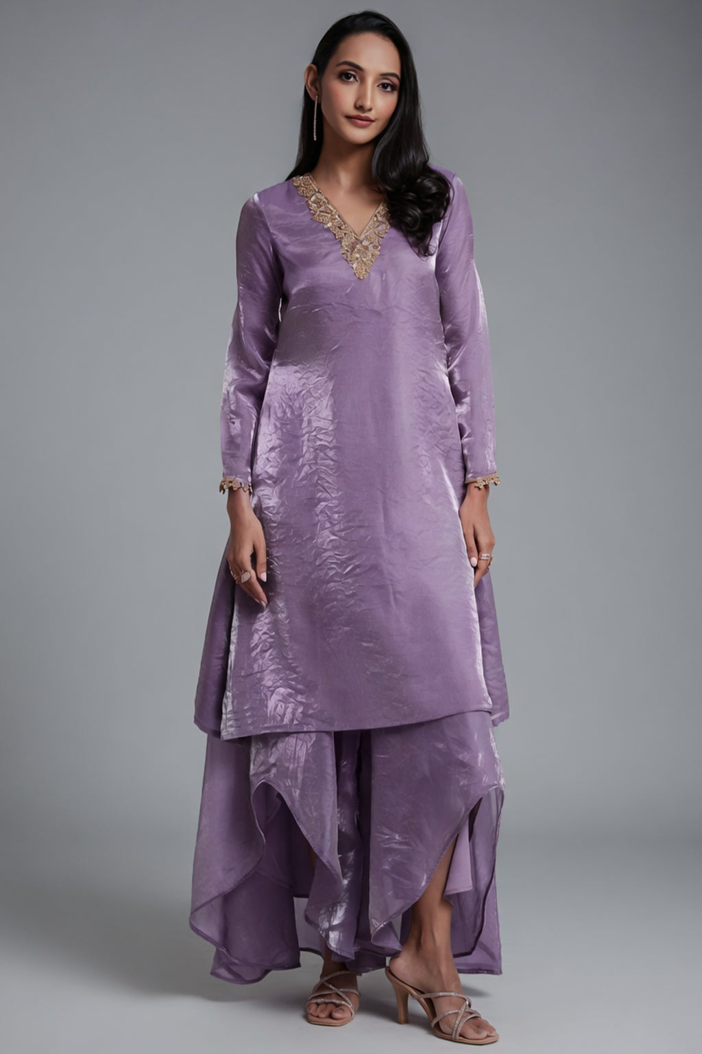Lilac Purple Organza Handwork Neckline Kurti with Palazzo - purple organza saree