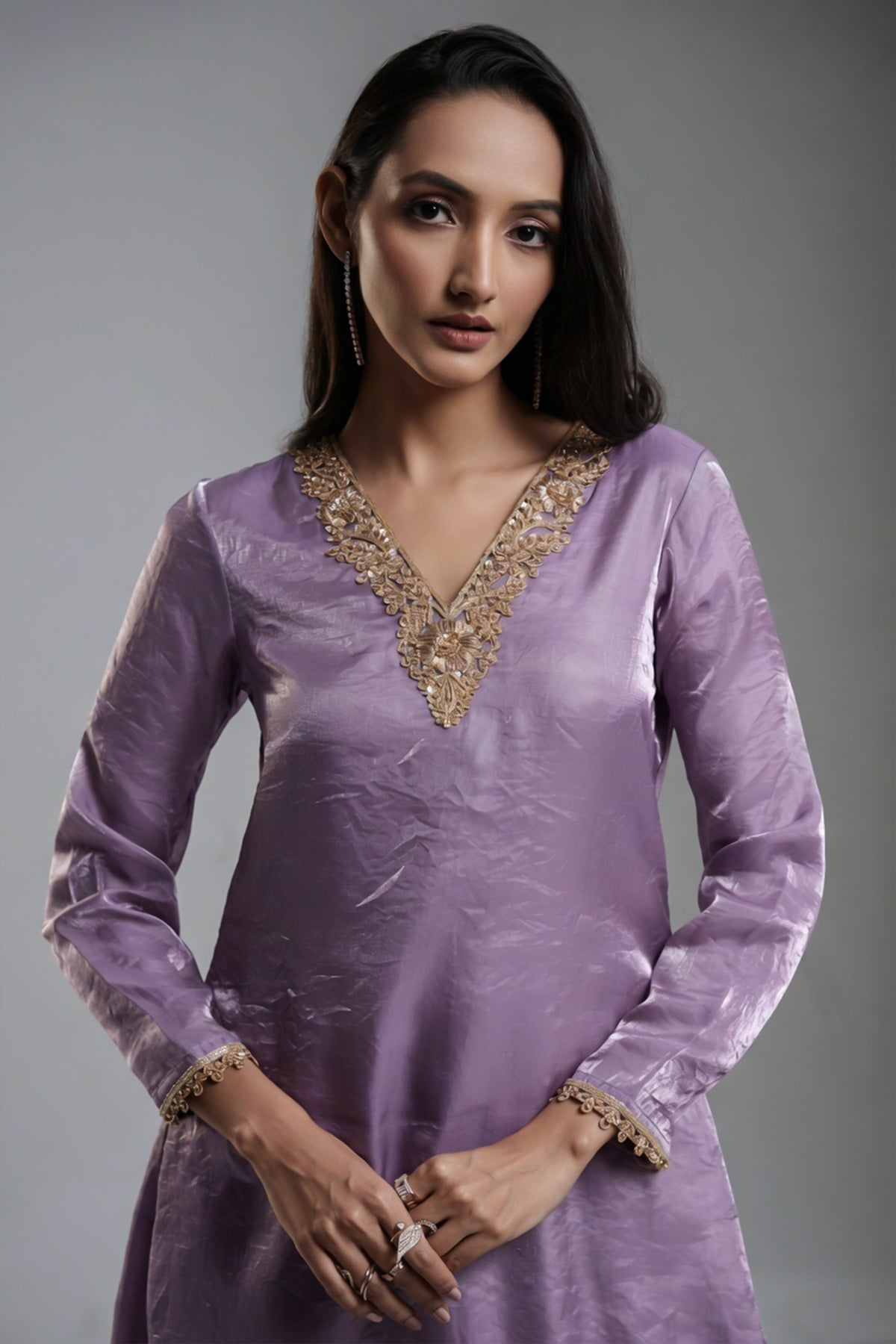 Lilac Purple Organza Handwork Neckline Kurti with Palazzo - purple organza saree