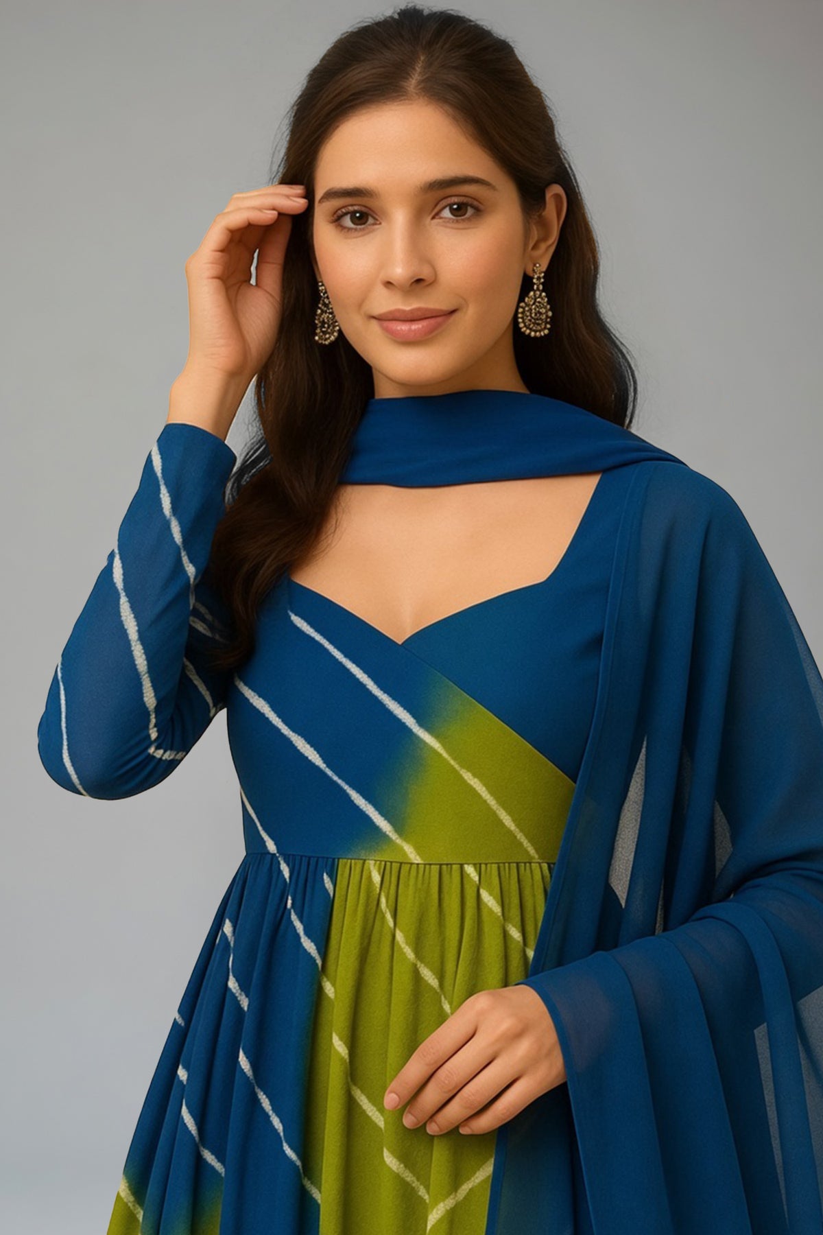 Olive Green and Blue Organza Printed Anarkali Kurti Set