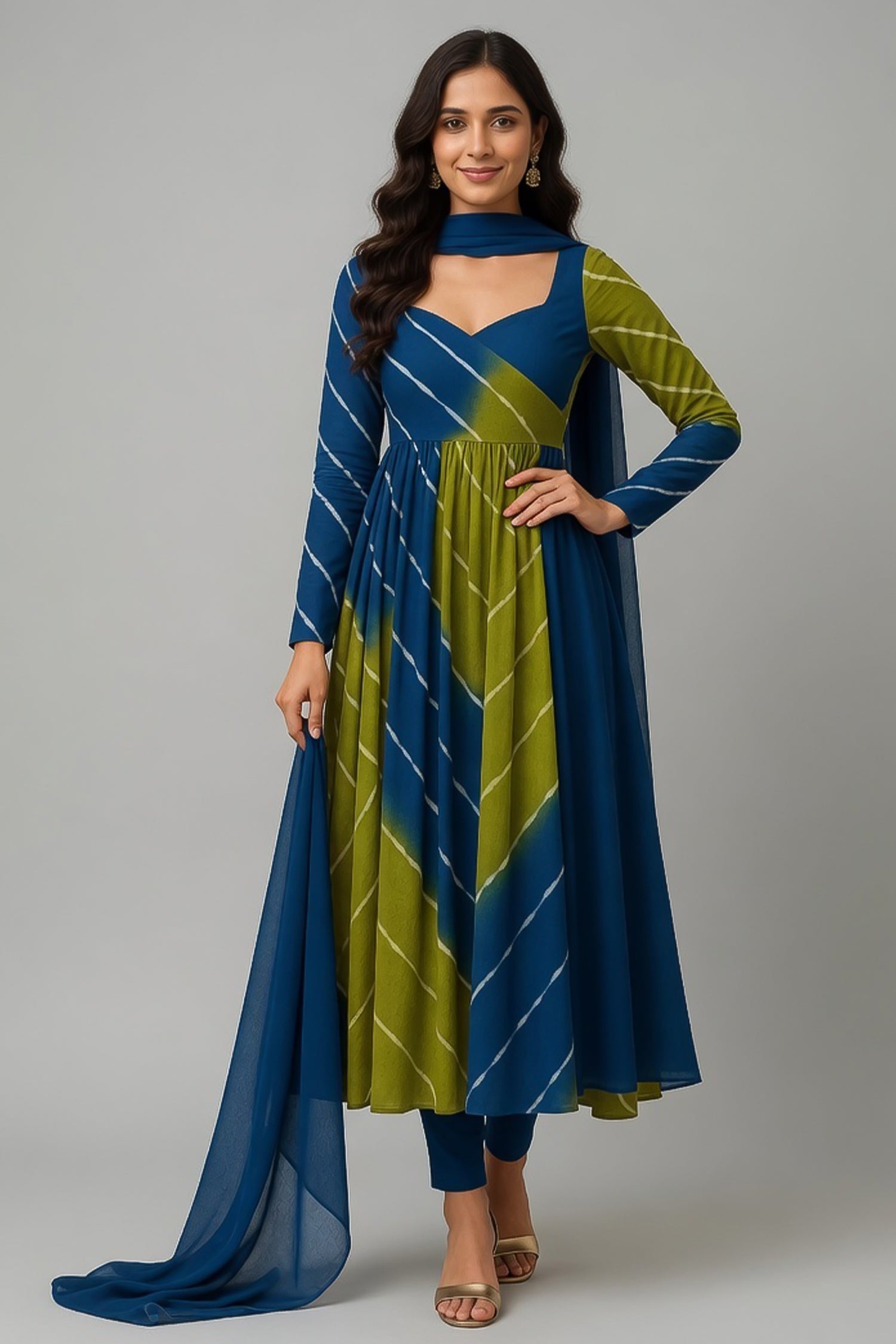 Olive Green and Blue Organza Printed Anarkali Kurti Set Main image