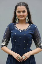 Georgette Sequin Flared Long Kurti - red georgette saree