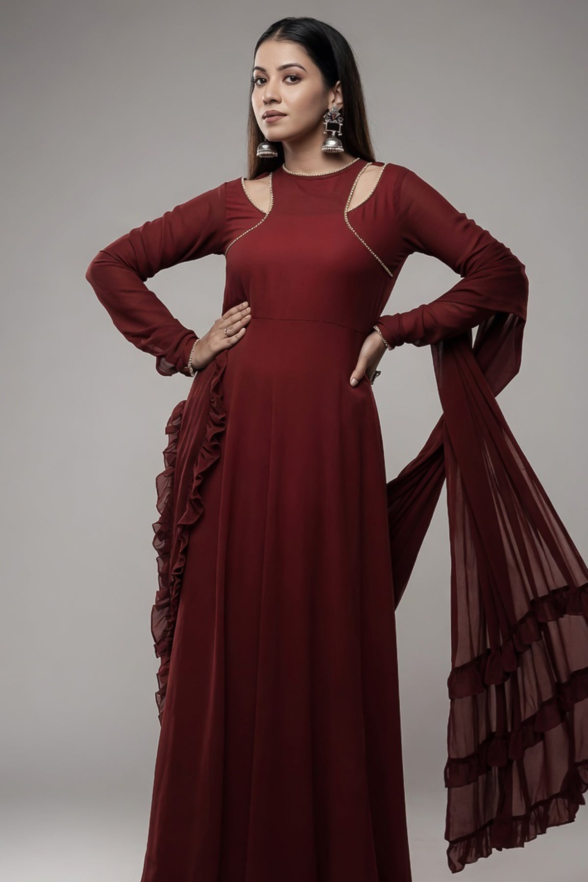 Maroon Georgette Flared Long Kurti with Dupatta