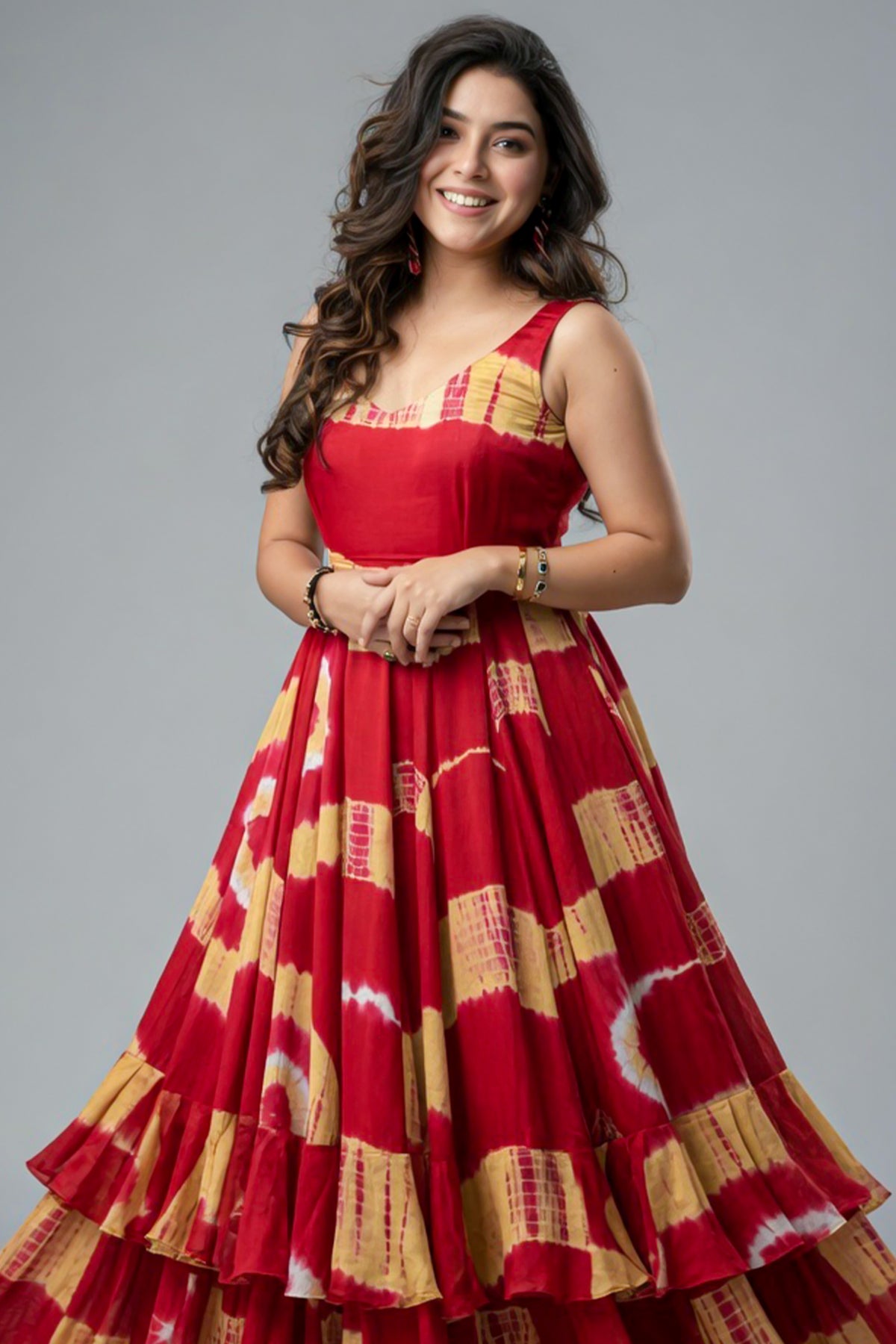 Red Rayon Printed Flared Anarkali Kurti - red rayon saree