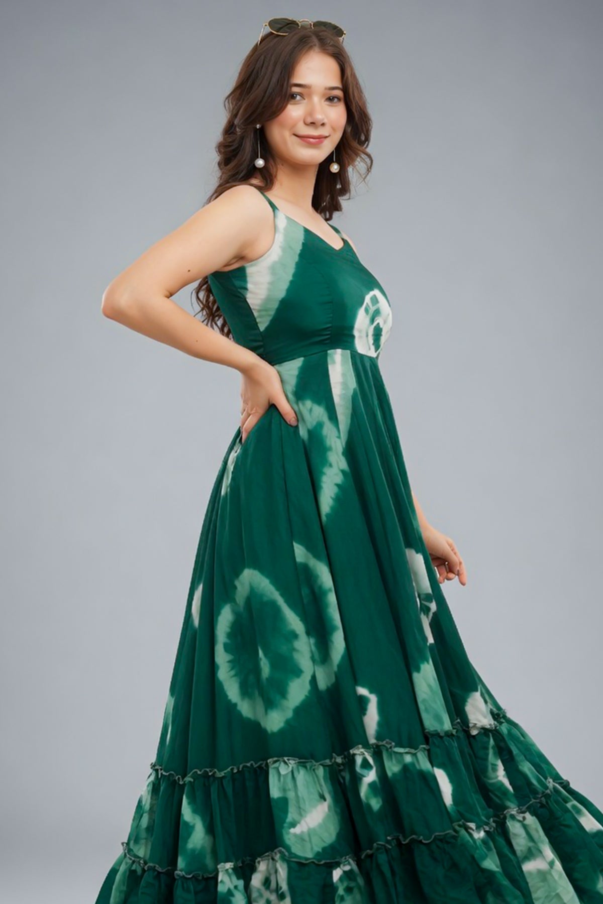 Teal Green Rayon Shibori Printed Long Flared Kurti - red rayon saree