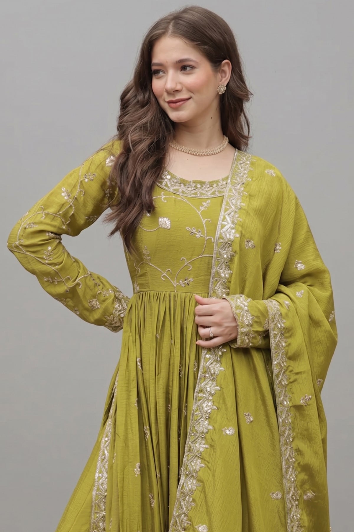 Olive Green Sequins Embroidered Chinon Sharara Set - red saree embroidered