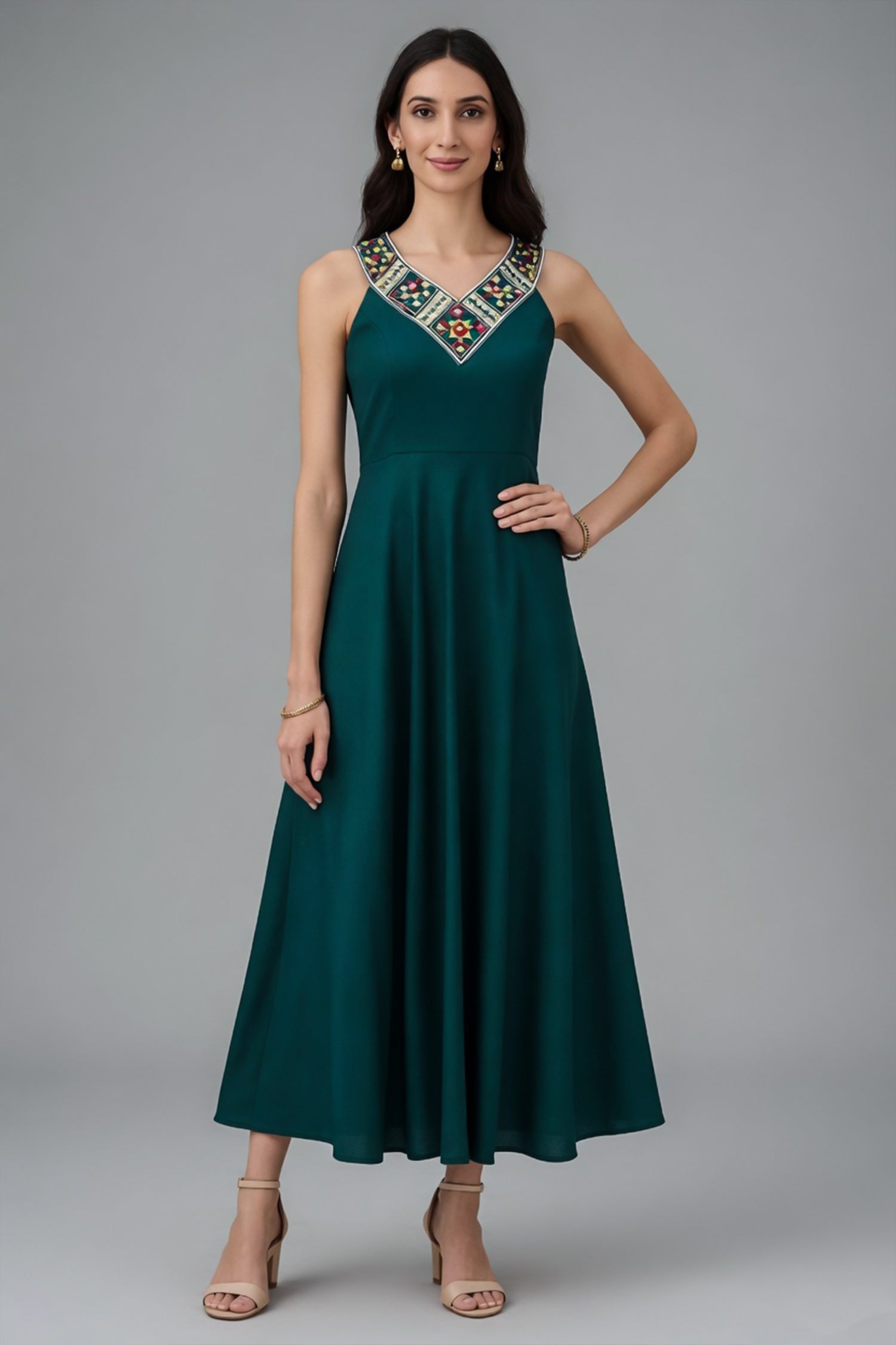 Teal Green Chinon Fancy Kurti with Bead Worked Neckline - green saree Main image