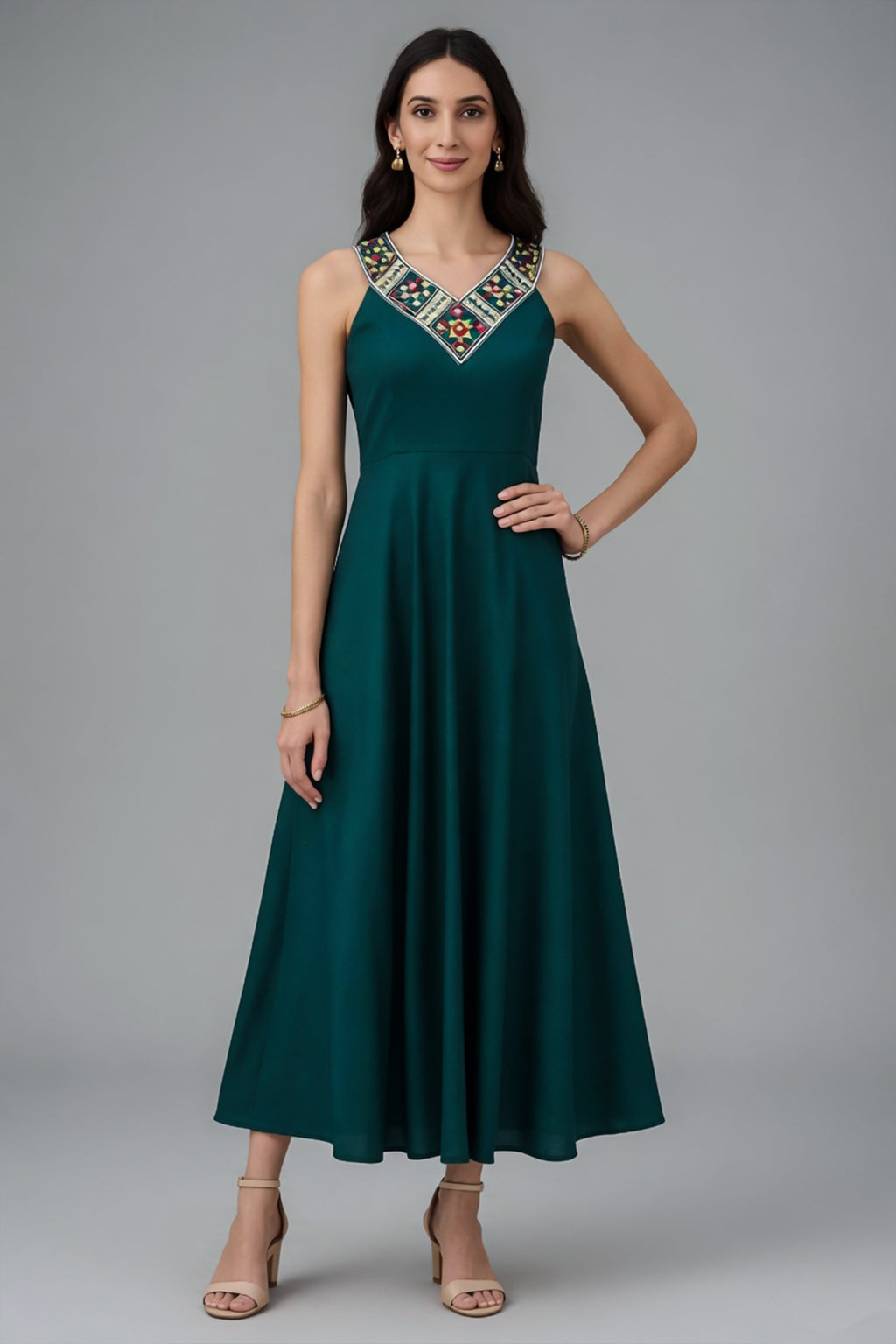 Teal Green Chinon Fancy Kurti with Bead Worked Neckline - green saree