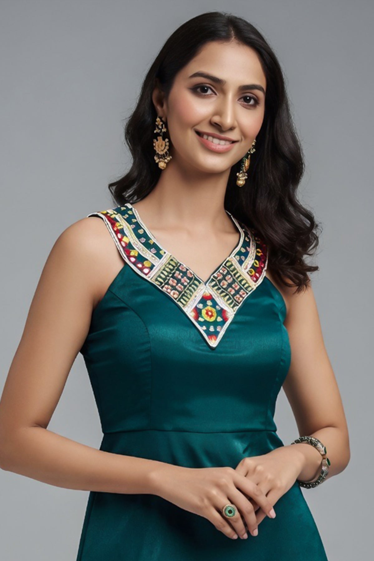 Teal Green Chinon Fancy Kurti with Bead Worked Neckline - green saree