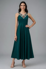 Teal Green Chinon Fancy Kurti with Bead Worked Neckline - green saree