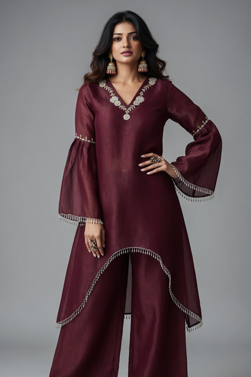 Maroon Organza Cutdana and Bead Worked C Cut Kurti with Pant - maroon organza saree