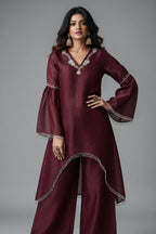 Maroon Organza Cutdana and Bead Worked C Cut Kurti with Pant - maroon organza saree