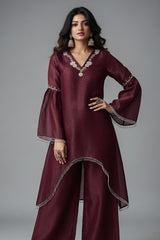 Maroon Organza Cutdana and Bead Worked C Cut Kurti with Pant - maroon organza saree
