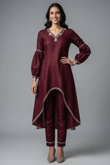 Maroon Organza Cutdana and Bead Worked C Cut Kurti with Pant - maroon organza saree