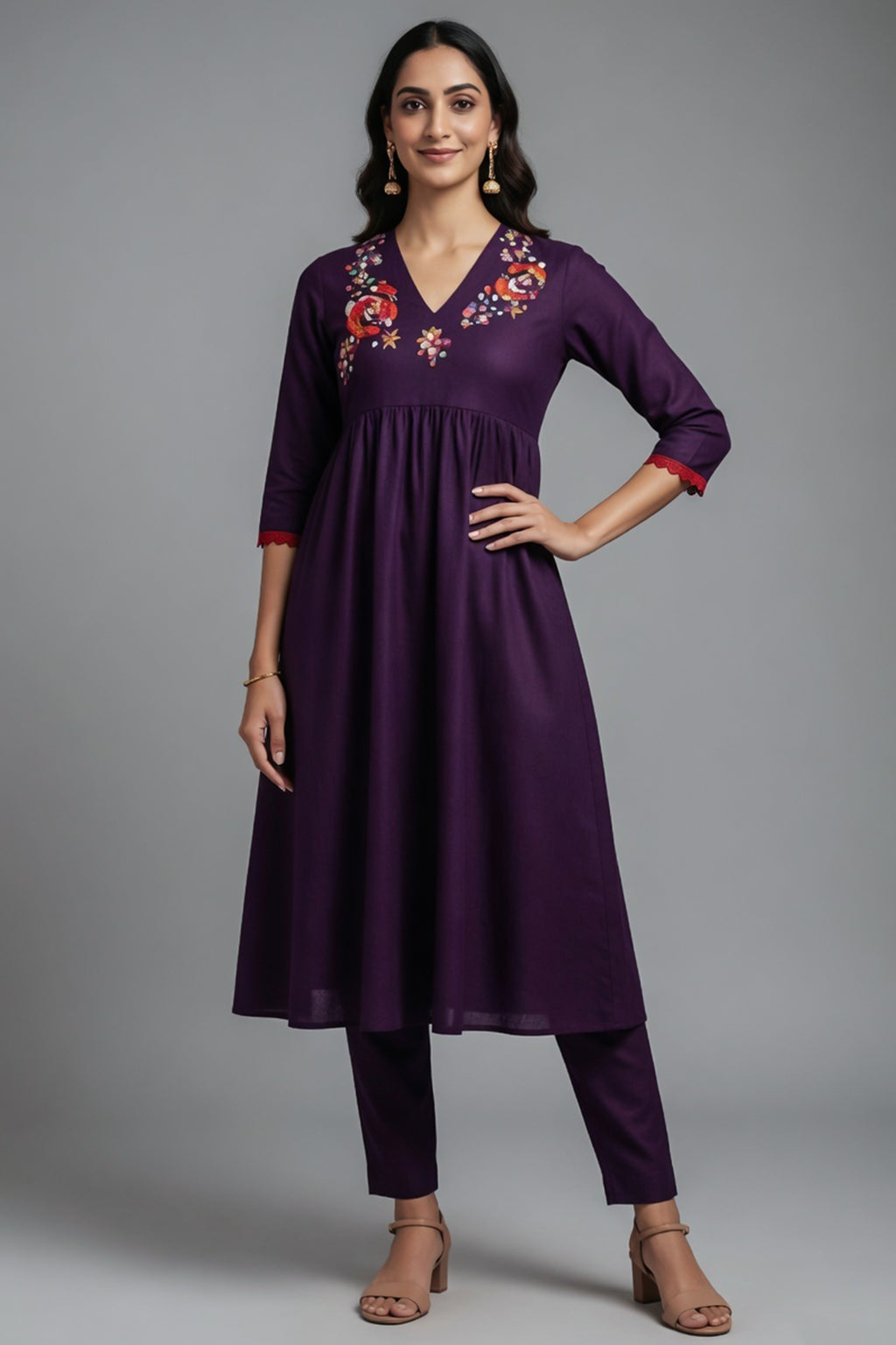 Purple Chinon V Neck Floral Motifs Kurti with Pant - purple saree