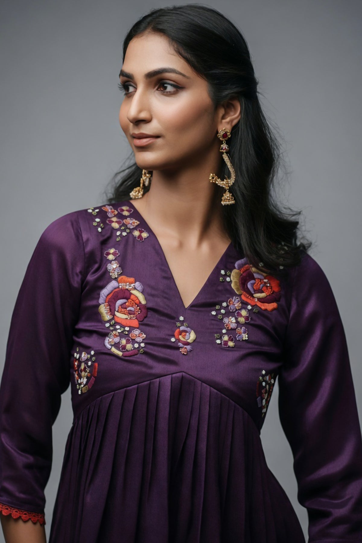 Purple Chinon V Neck Floral Motifs Kurti with Pant - purple saree