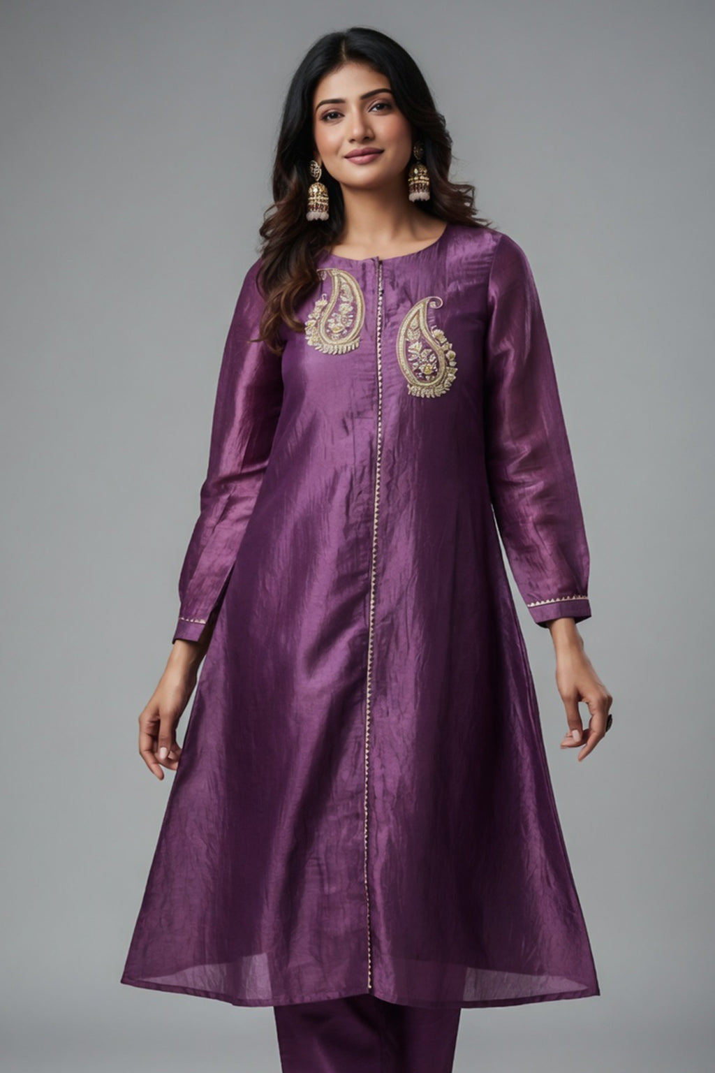Lilac Purple Organza Beaded and Cutdana Worked Kurti with Pant - purple organza saree