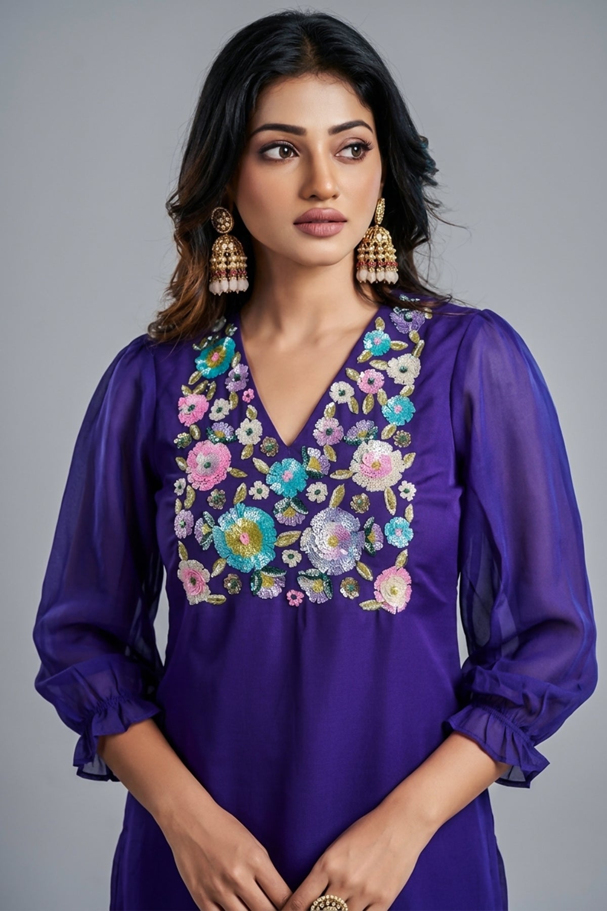 Violet Organza Sequinned Kurti with Pant - violet organza saree