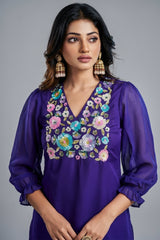 Violet Organza Sequinned Kurti with Pant - violet organza saree