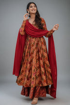 Orange and Pink Muslin Moroccan Printed Anarkali Kurti Set - orange muslin saree