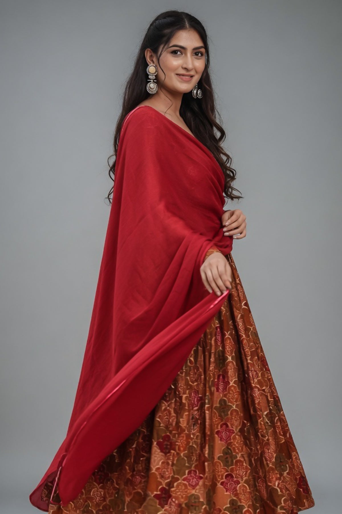 Orange and Pink Muslin Moroccan Printed Anarkali Kurti Set - orange muslin saree