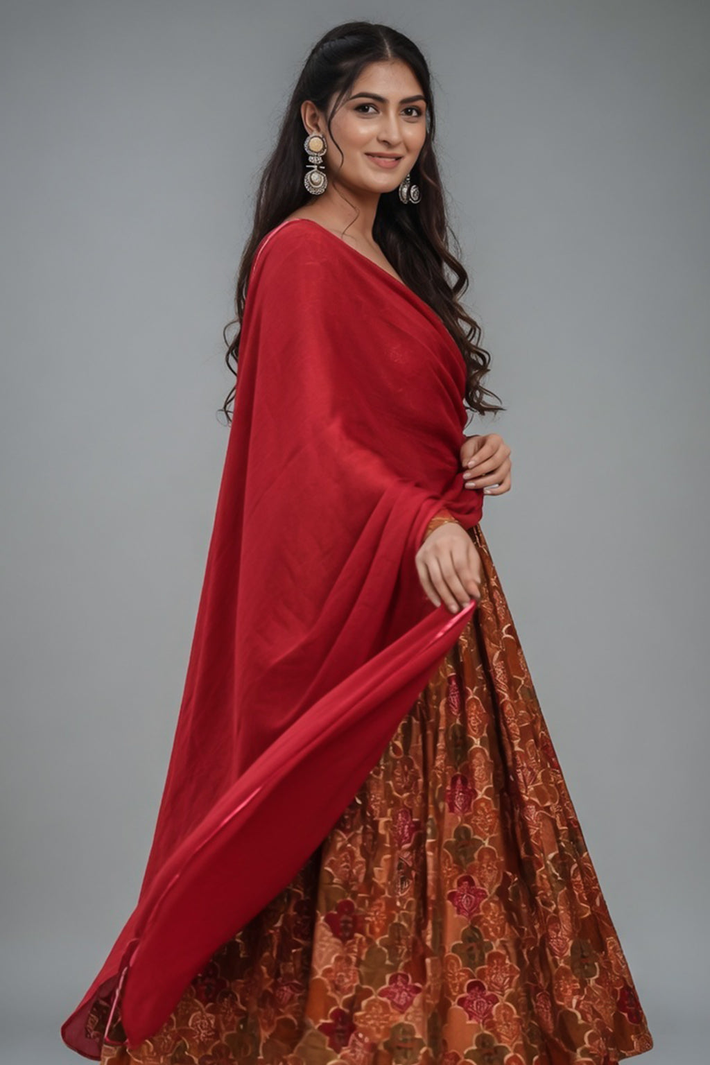 Orange and Pink Muslin Moroccan Printed Anarkali Kurti Set - orange muslin saree