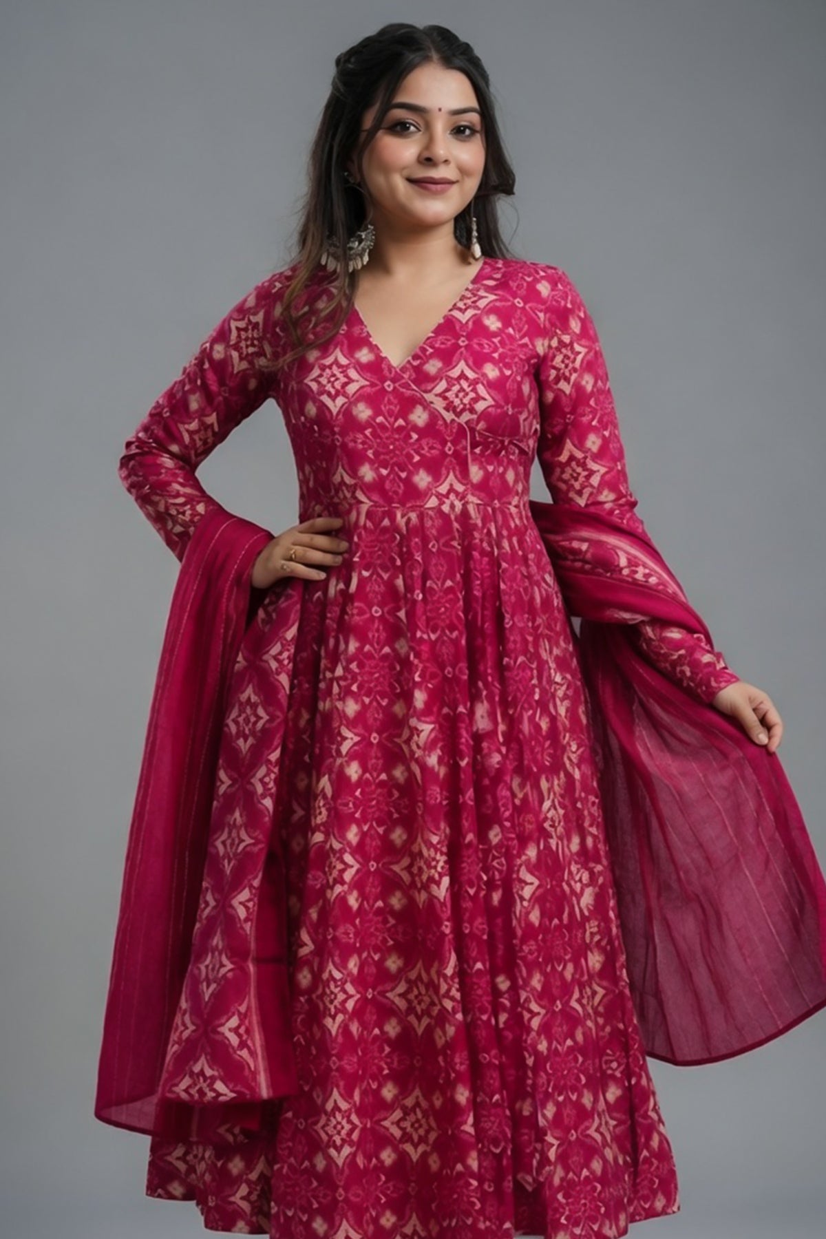 Pink Muslin Printed Anarkali Kurti Set - pink muslin saree