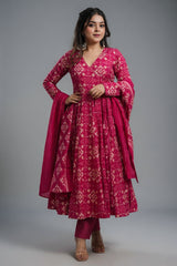 Pink Muslin Printed Anarkali Kurti Set - pink muslin saree