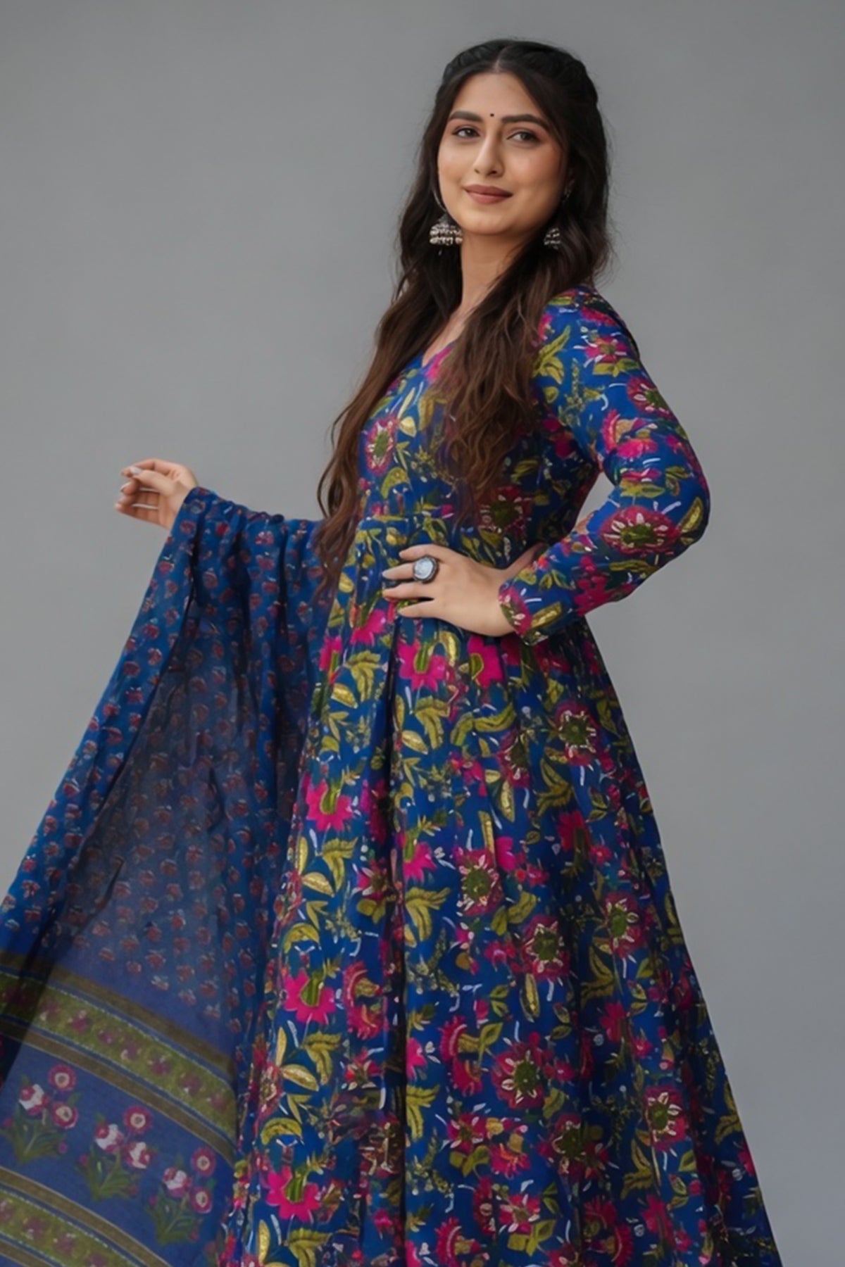 Blue Muslin Printed Anarkali Kurti Set - blue muslin saree