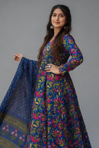 Blue Muslin Printed Anarkali Kurti Set - blue muslin saree