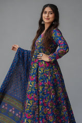 Blue Muslin Printed Anarkali Kurti Set - blue muslin saree