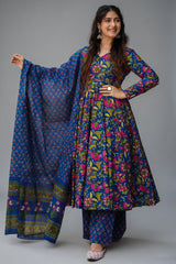 Blue Muslin Printed Anarkali Kurti Set - blue muslin saree